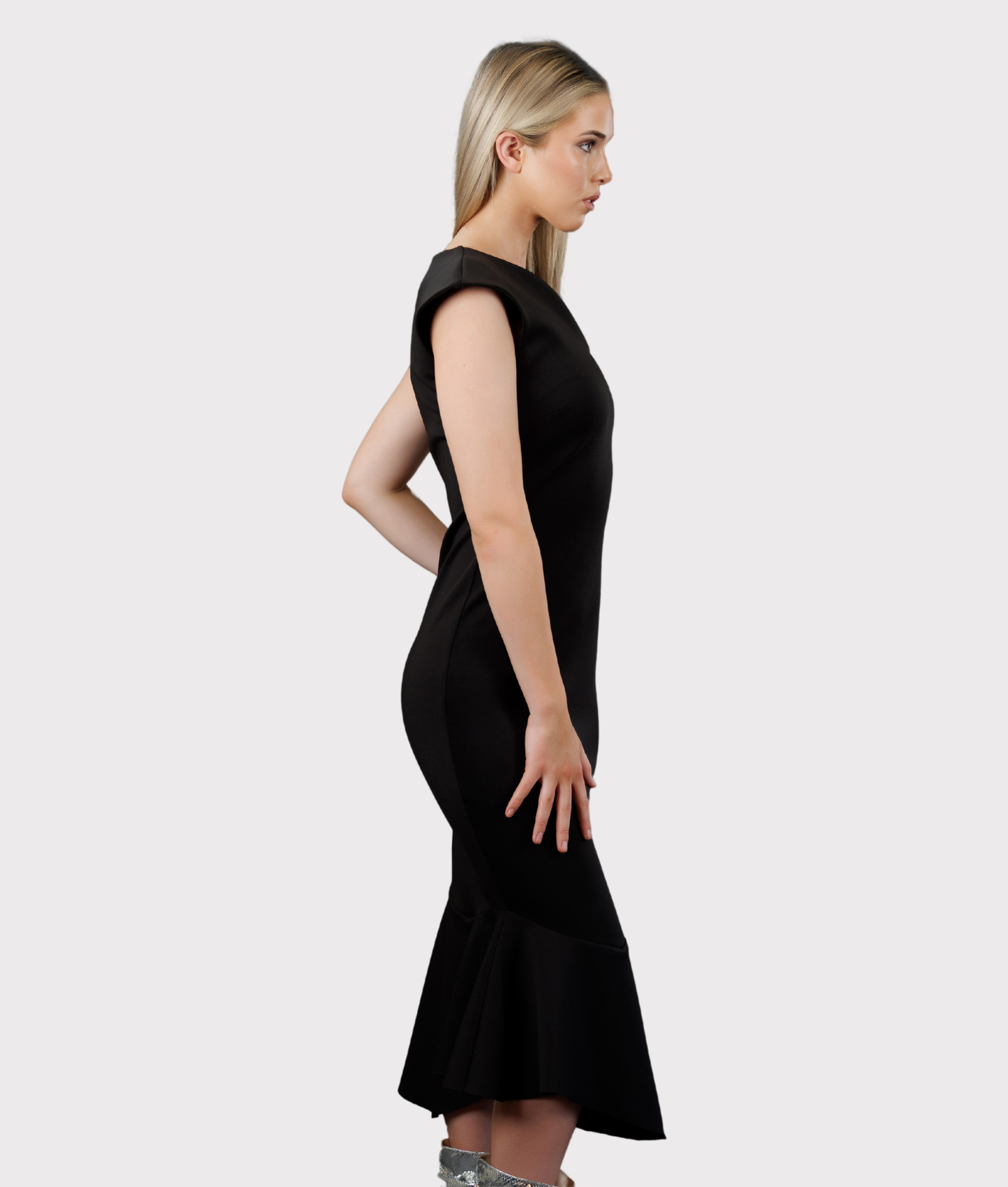 Fitted, Bottom Flared Asymmetrical Dress (Black)
