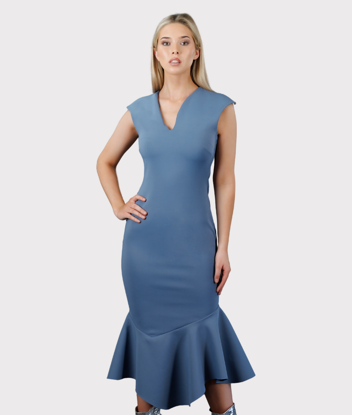 Fitted, Bottom Flared Asymmetrical Dress (Steel Blue)