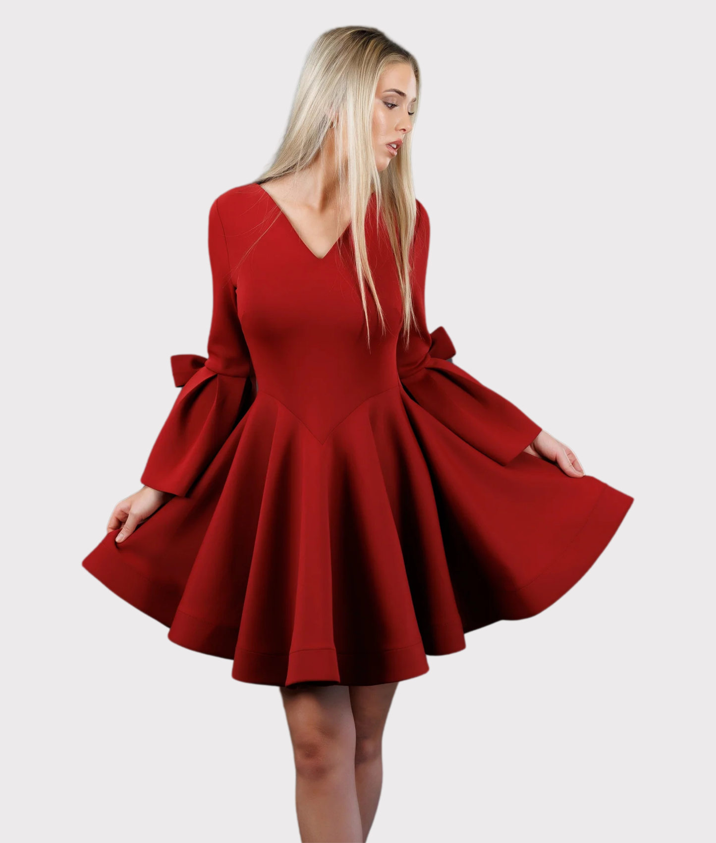 Flared A-Line Dress with Curved Neckline & Waistline (Red)