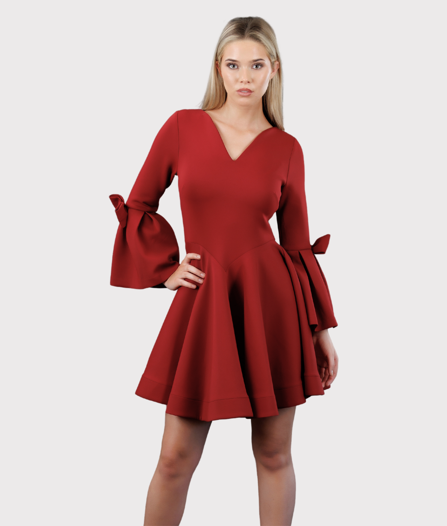 Flared A-Line Dress with Curved Neckline & Waistline (Red)
