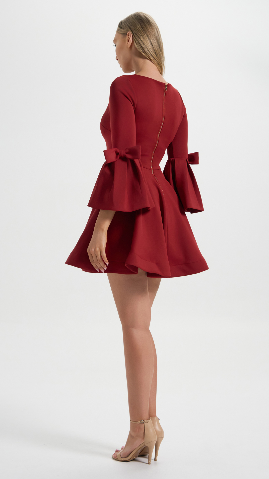 Boardroom to Cocktail Hour Dress in Red with the signature ribbon sleeve perfect for your cocktail events (Back Details)