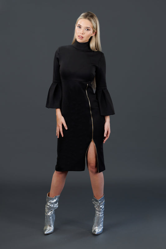 The high slit Front Zipper Dress (Black)