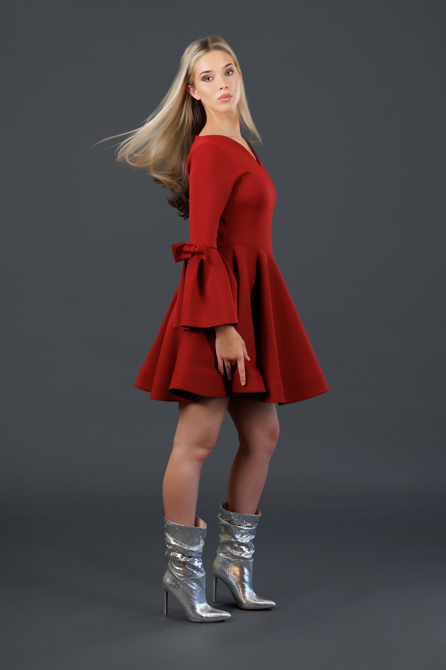 Flared A-Line Dress with curved neckline & waistline (Red)