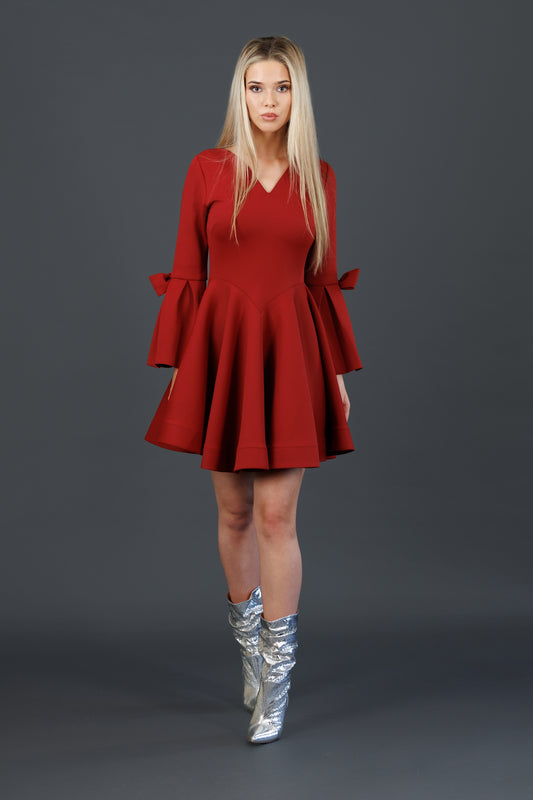 Flared A-Line Dress with curved neckline & waistline (Red)