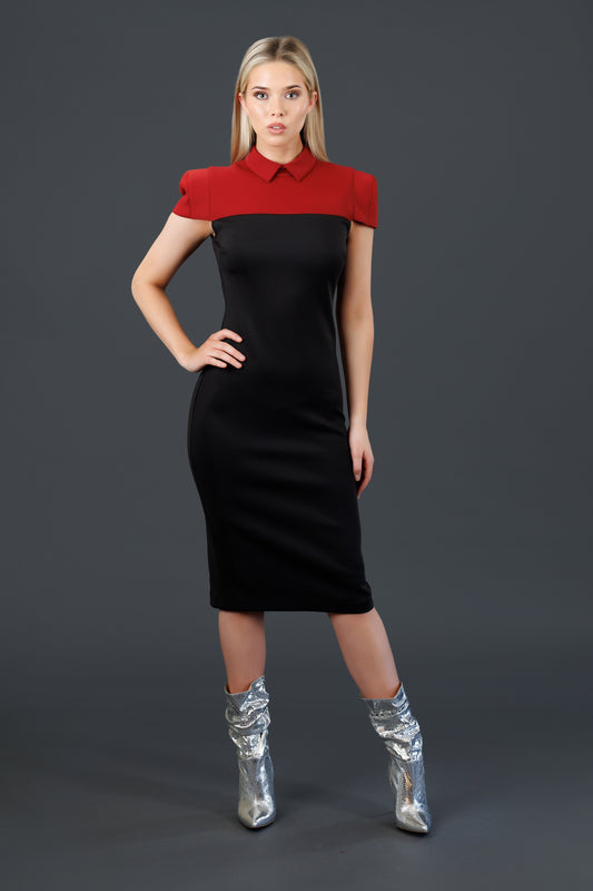 Two-Tone Midi Structured Dress (Red on Black)