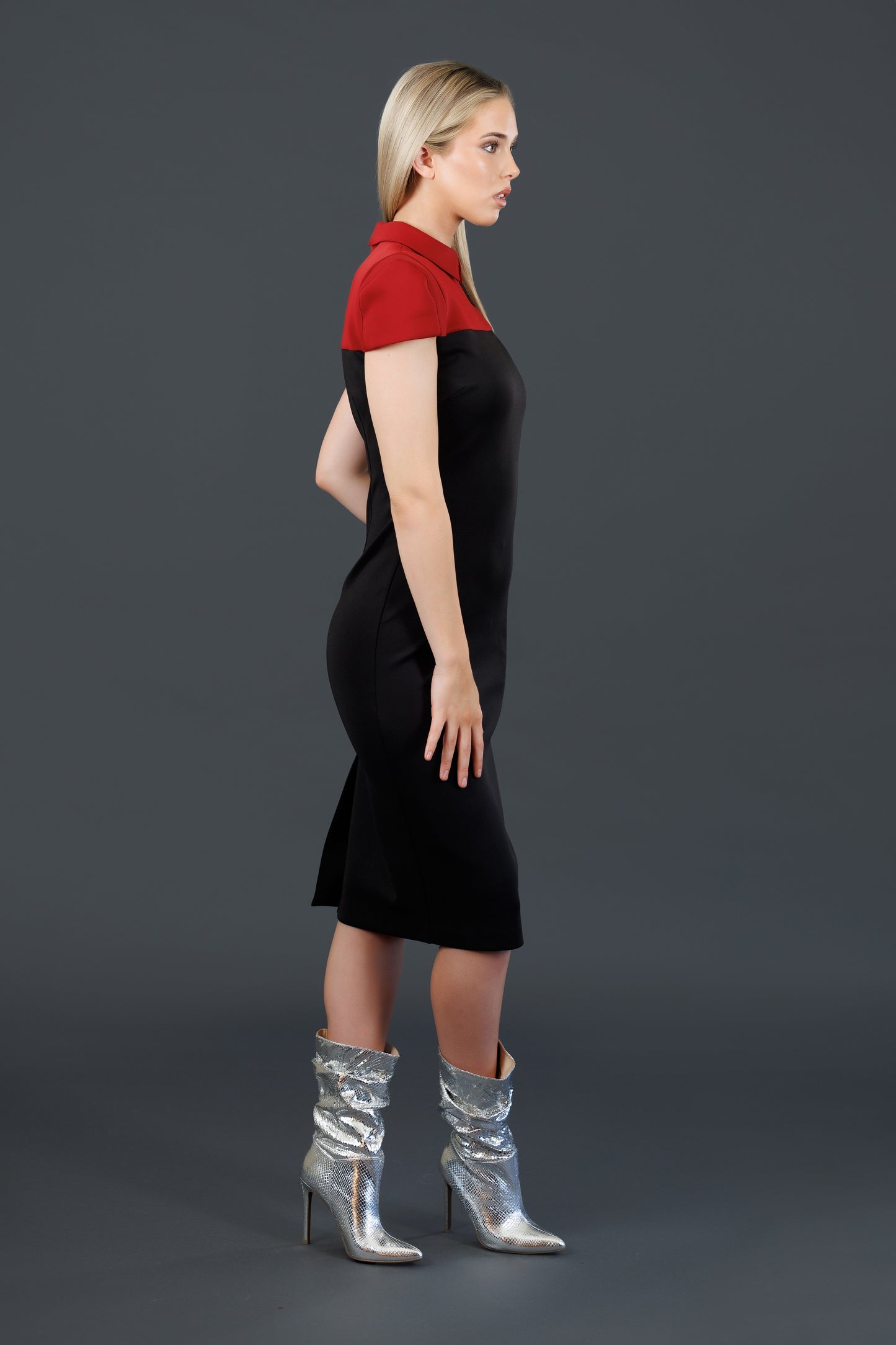 Two-Tone Midi Structured Dress (Red on Black)