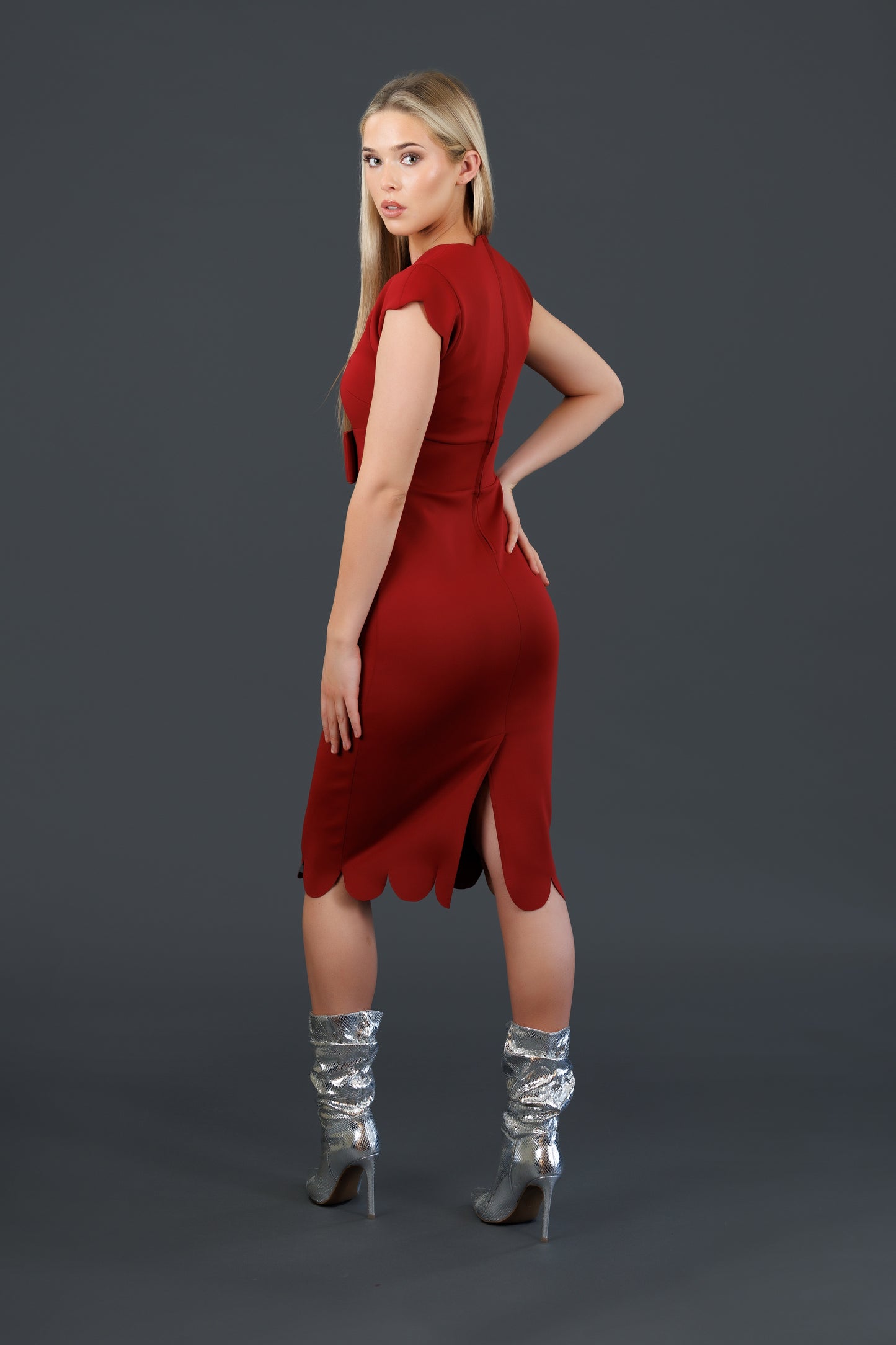 Scalloped below the knee hemline Dress (Red)