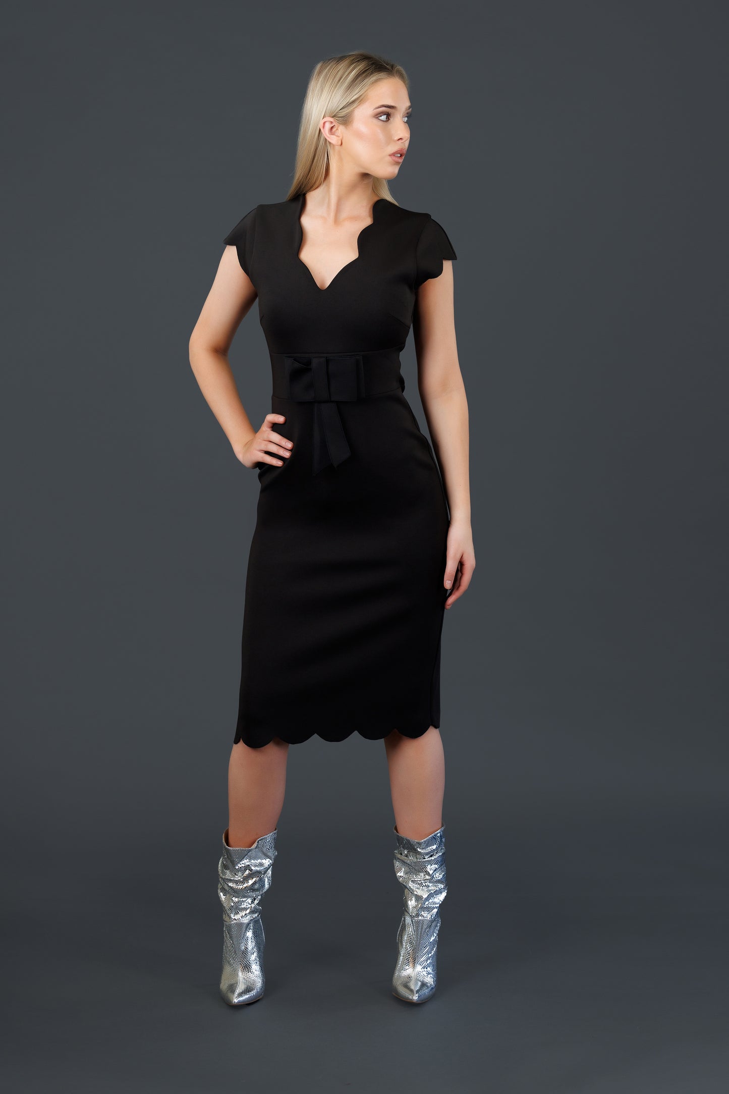 Scalloped below the knee hemline Dress (Black)