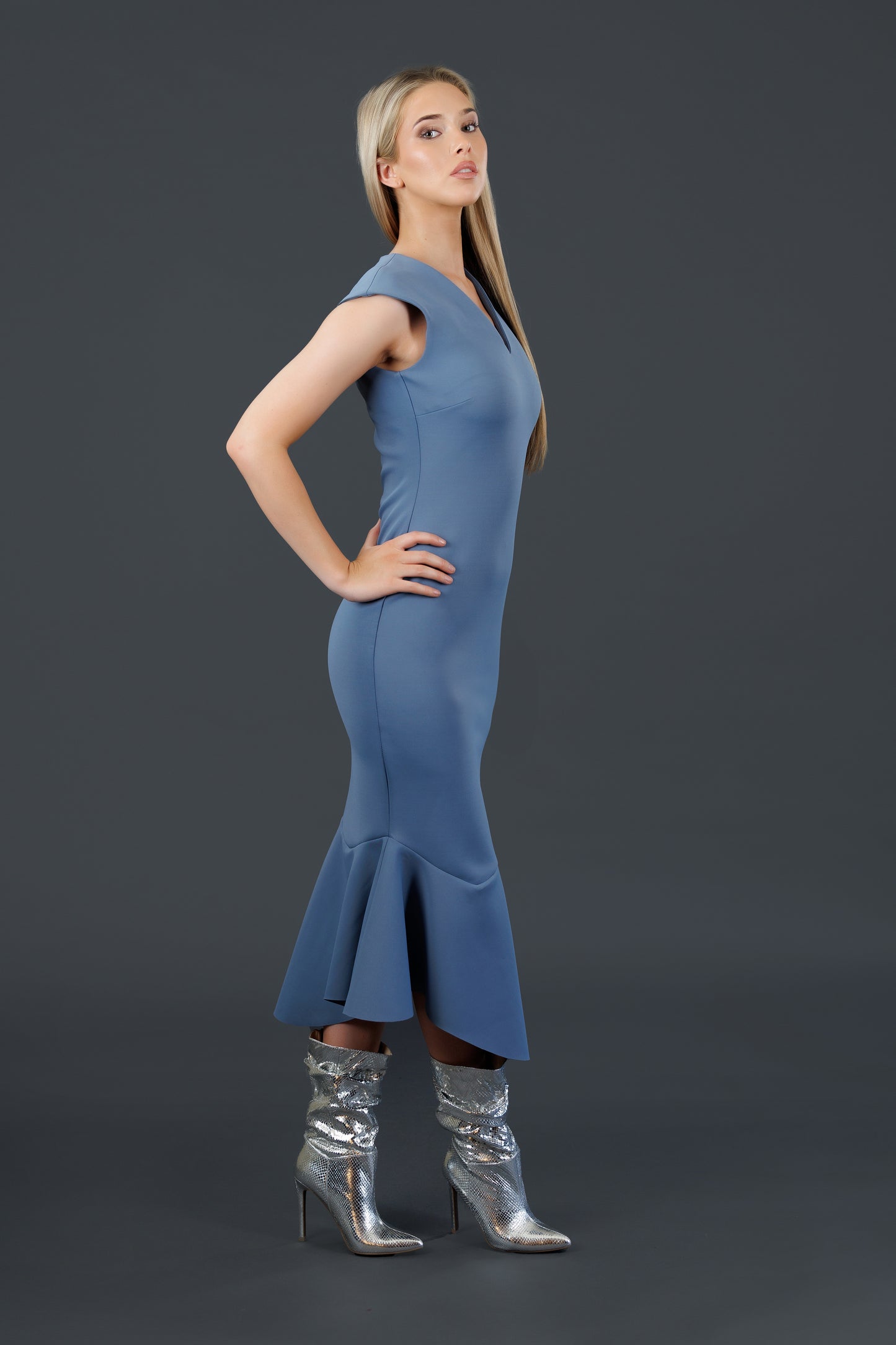 Fitted, Bottom Flared Asymmetrical Dress (Steel Blue)