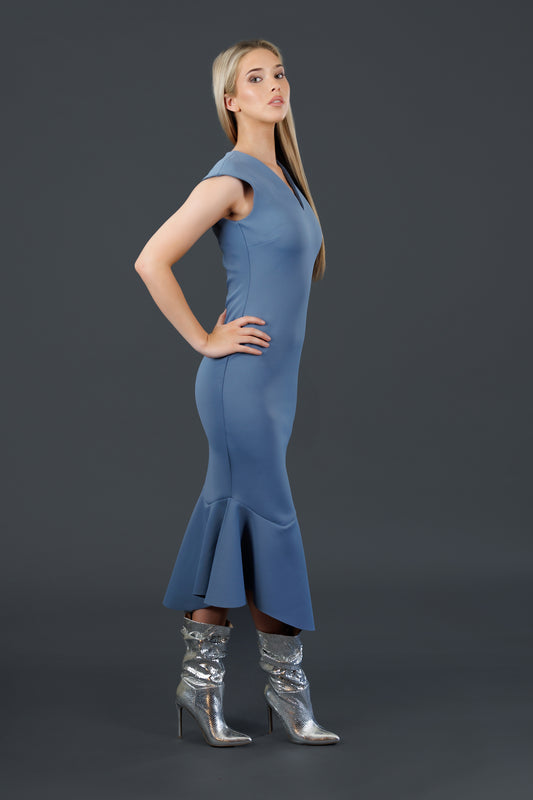 Fitted, Bottom Flared Asymmetrical Dress (Steel Blue)