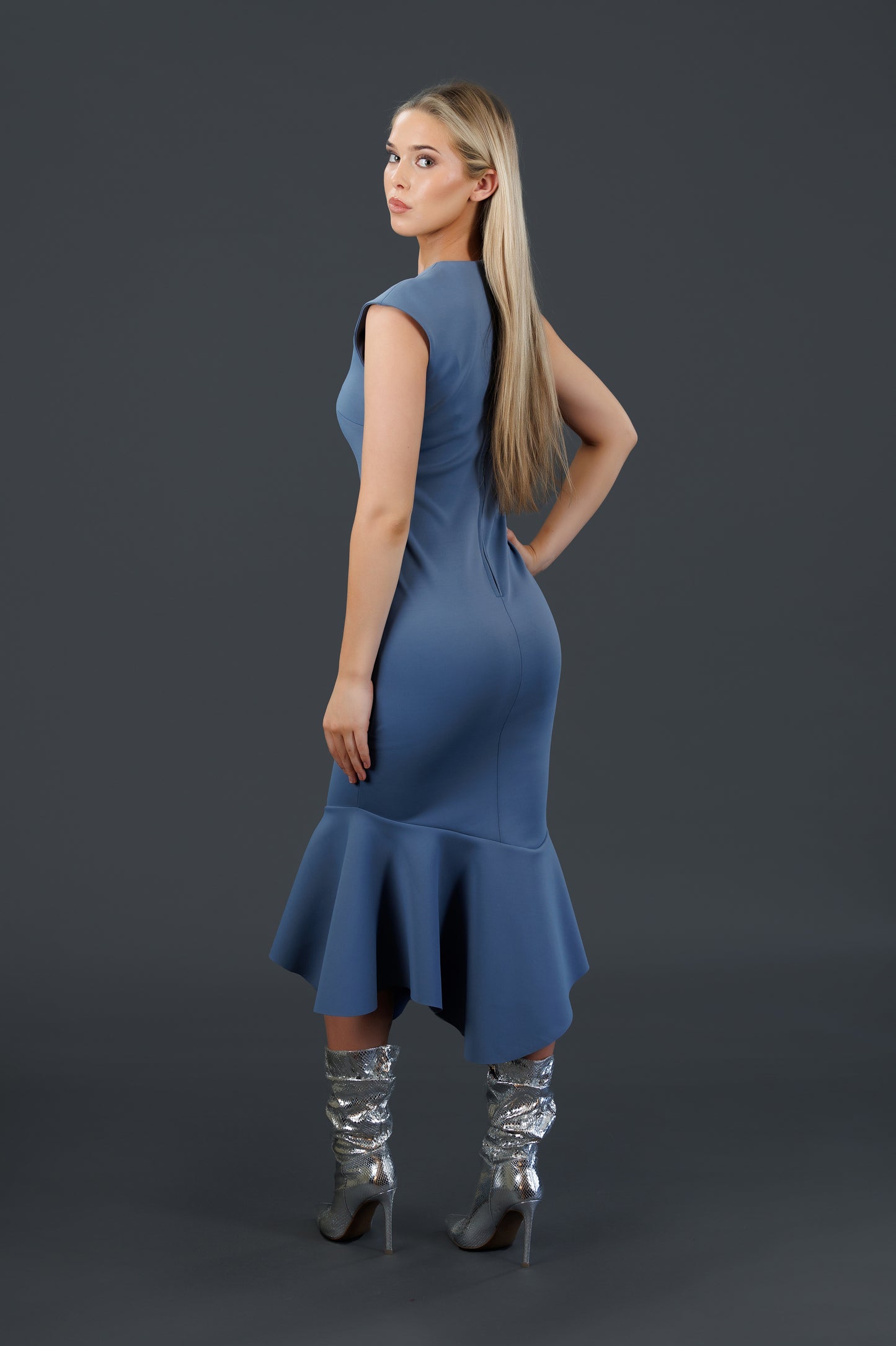 Fitted, Bottom Flared Asymmetrical Dress (Steel Blue)