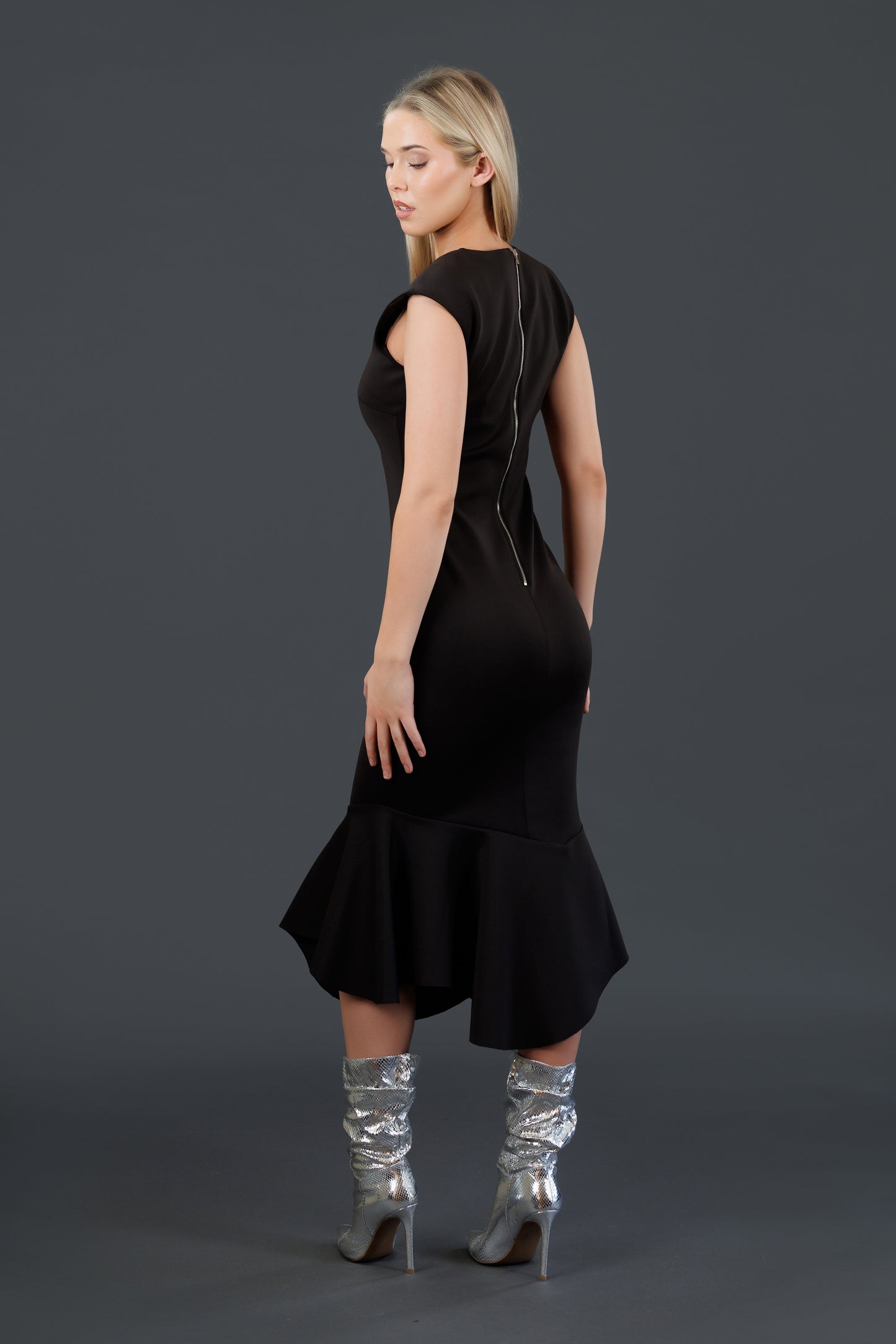 Fitted, Bottom Flared Asymmetrical Dress (Black)