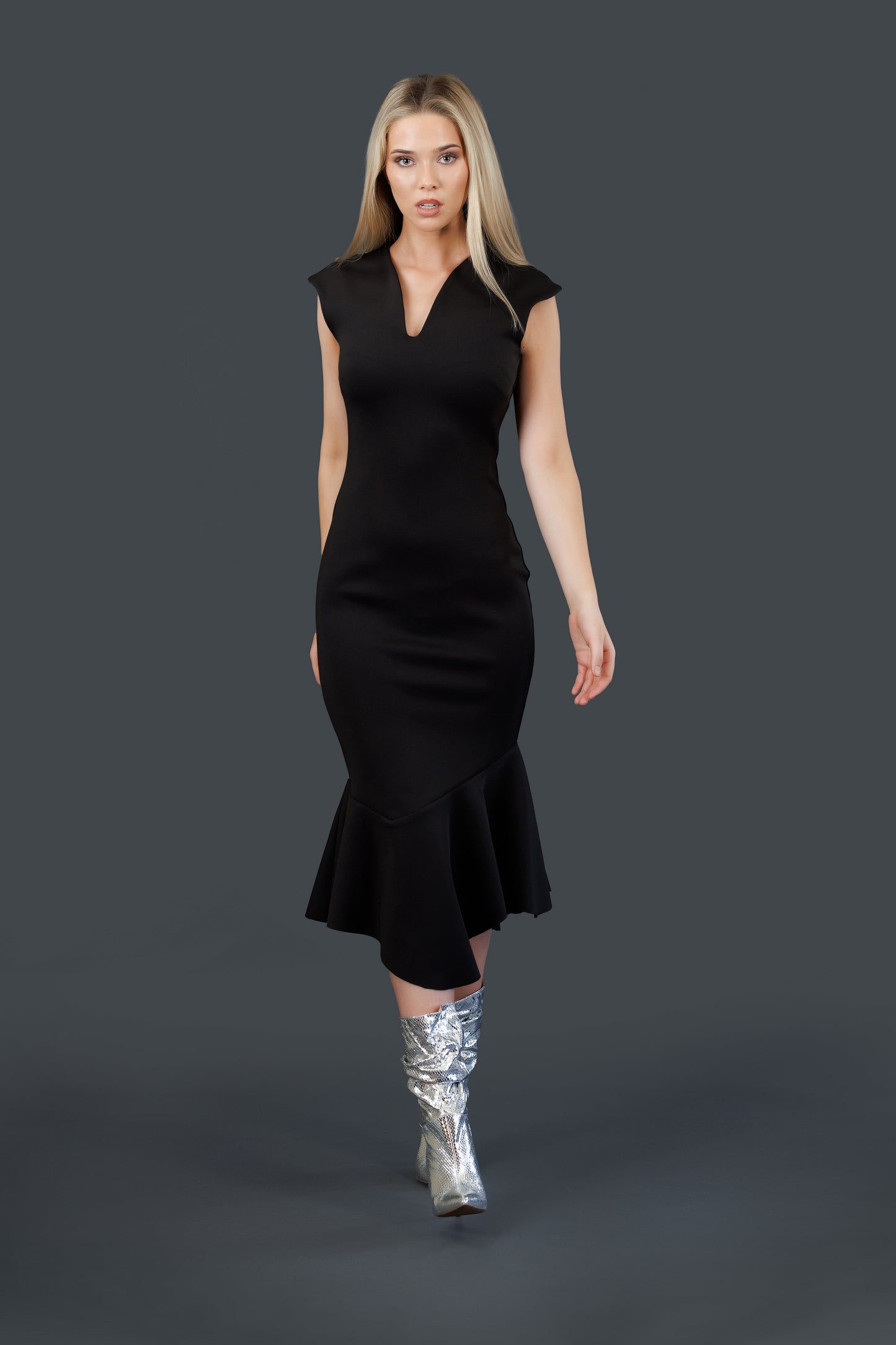 Fitted, Bottom Flared Asymmetrical Dress (Black)