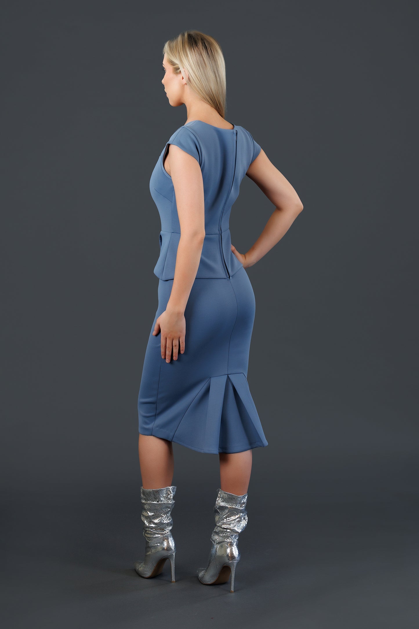 Capped Sleeve Peplum Dress (Steel Blue)