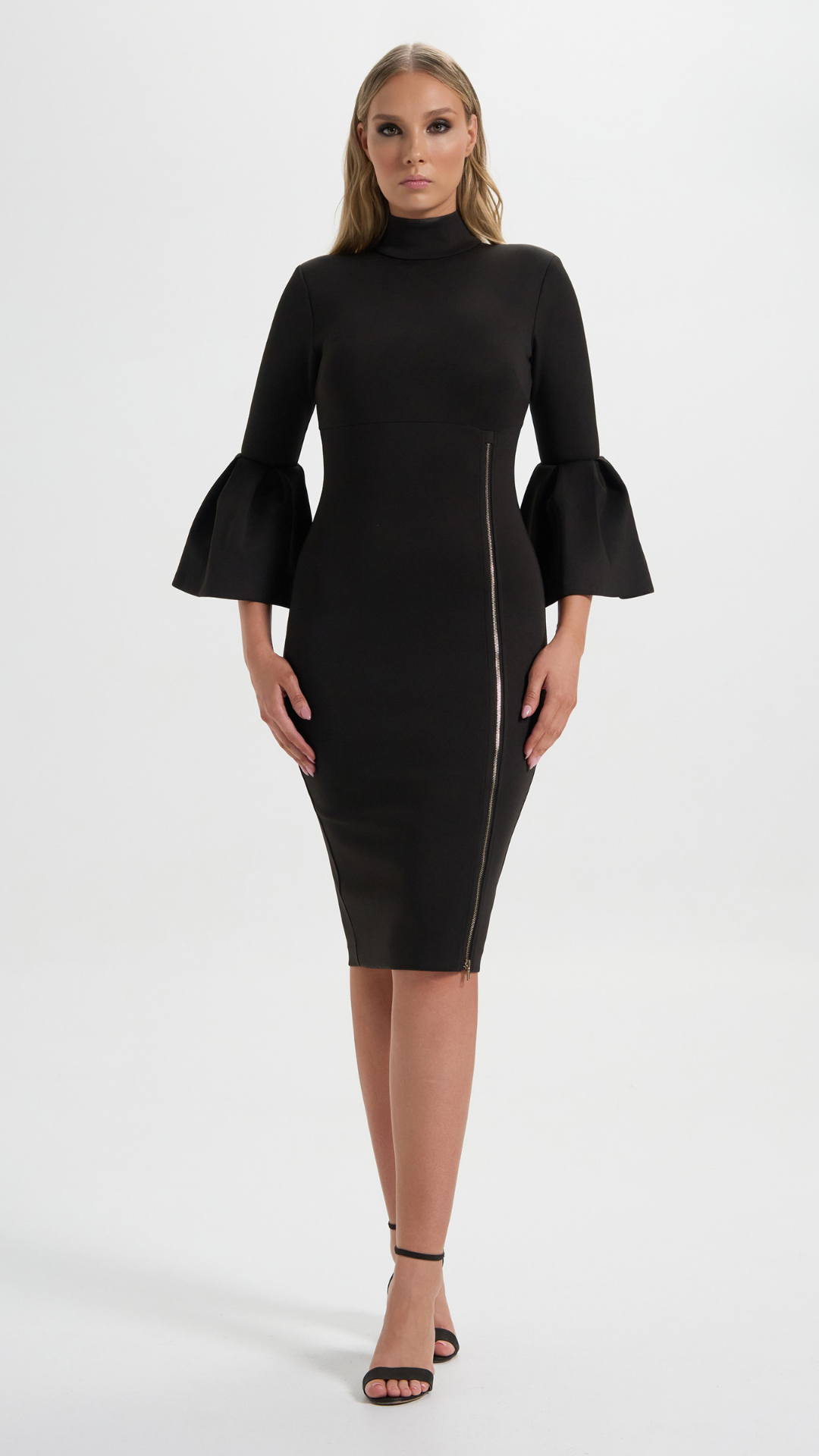 Provocateur Dress in Black with bell sleeves perfect for your next events (Front Details)