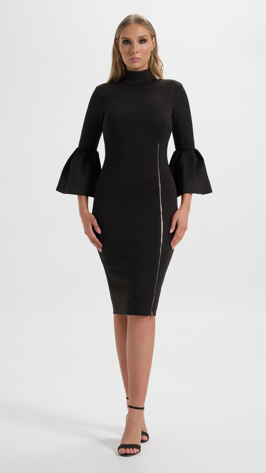 Provocateur Dress in Black with bell sleeves perfect for your next events (Front Details)