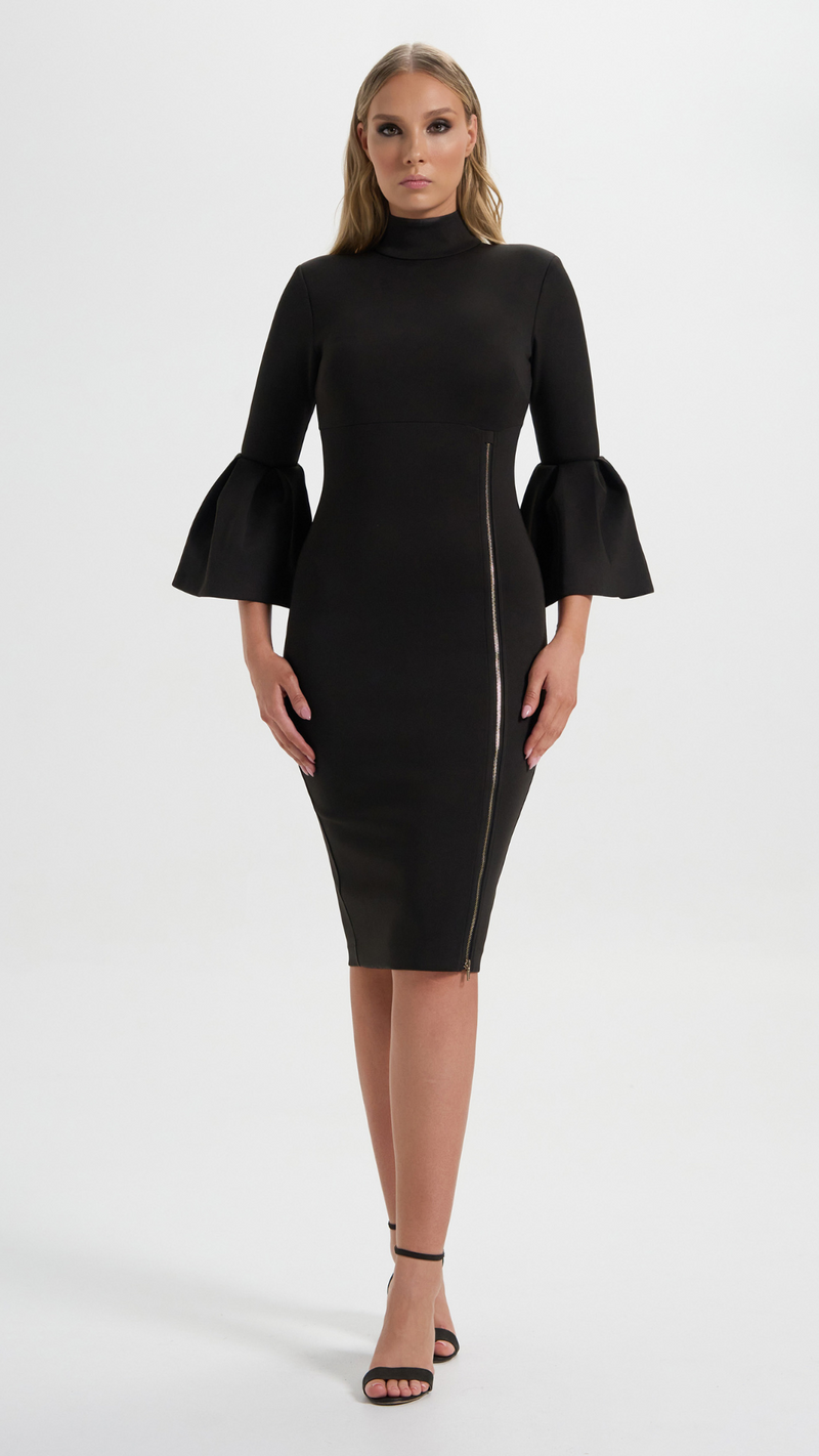 Provocateur Dress in Black with bell sleeves perfect for your next events (Front Details)