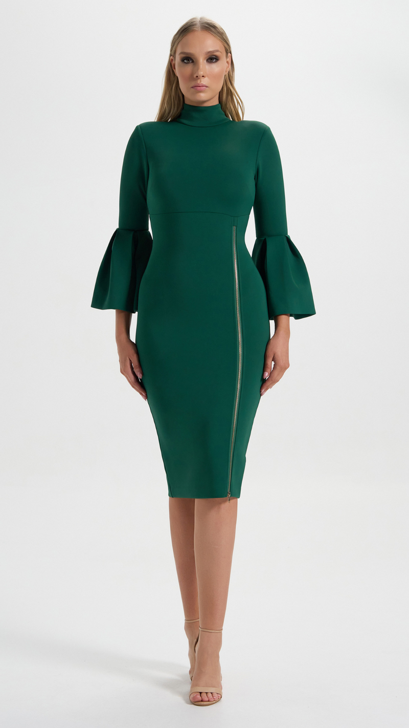 Provocateur Dress in Green with bell sleeves perfect for your next events (Front Details)