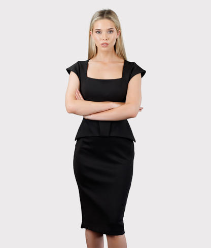 Capped Sleeve Peplum Dress (Black)