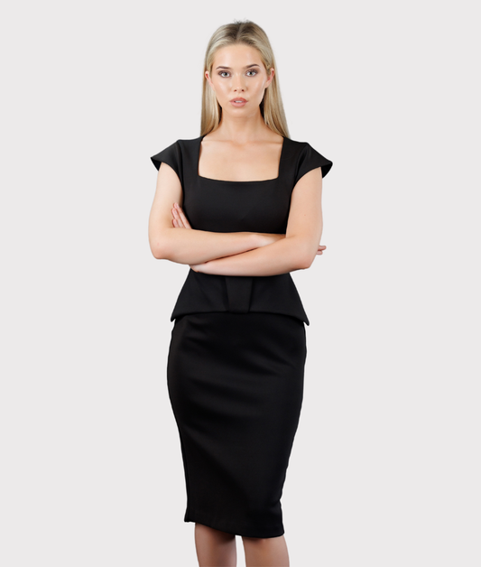 Capped Sleeve Peplum Dress (Black)