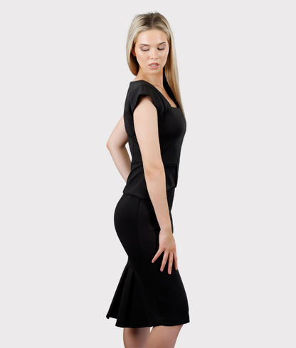 Capped Sleeve Peplum Dress (Black)