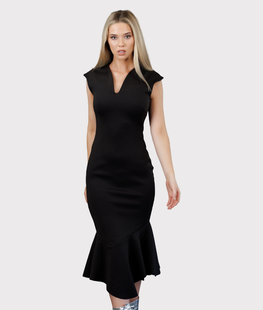 Fitted, Bottom Flared Asymmetrical Dress (Black)