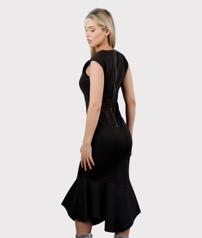 Fitted, Bottom Flared Asymmetrical Dress (Black)
