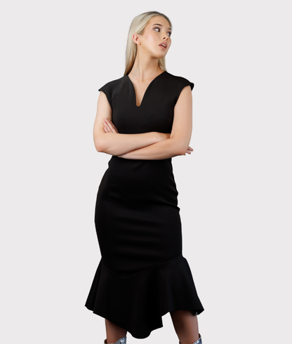 Fitted, Bottom Flared Asymmetrical Dress (Black)