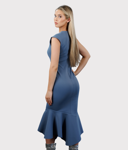 Fitted, Bottom Flared Asymmetrical Dress (Steel Blue)