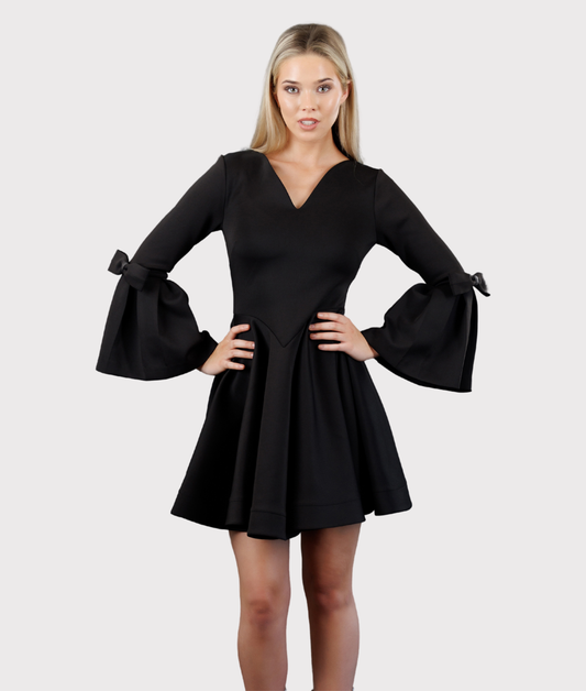 Flared A-Line Dress with Curved Neckline & Waistline (Black)