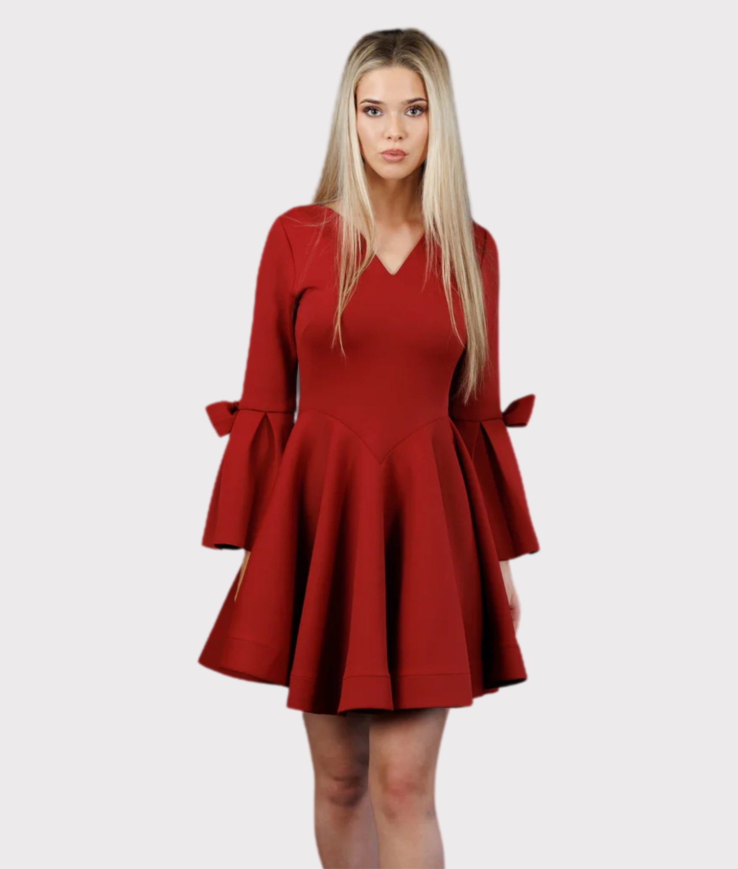 Flared A-Line Dress with Curved Neckline & Waistline (Red)