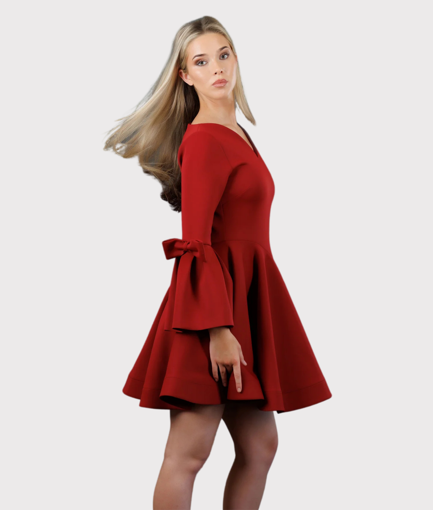 Flared A-Line Dress with Curved Neckline & Waistline (Red)