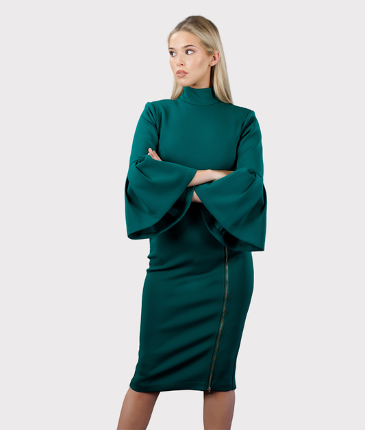 The High Slit Front Zipper Dress (Green)