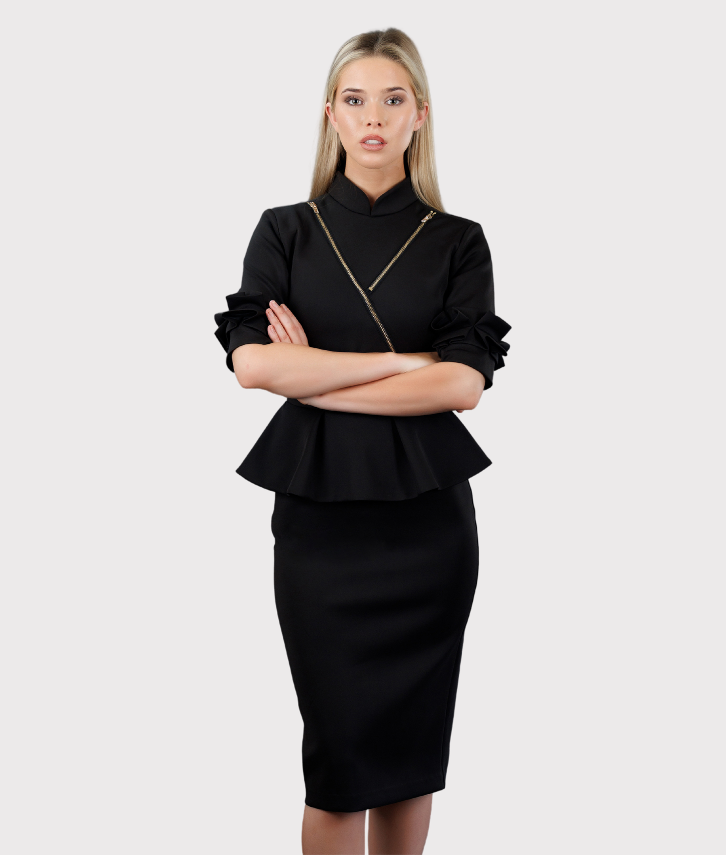Military Styled Front Zipper Dress (Black)