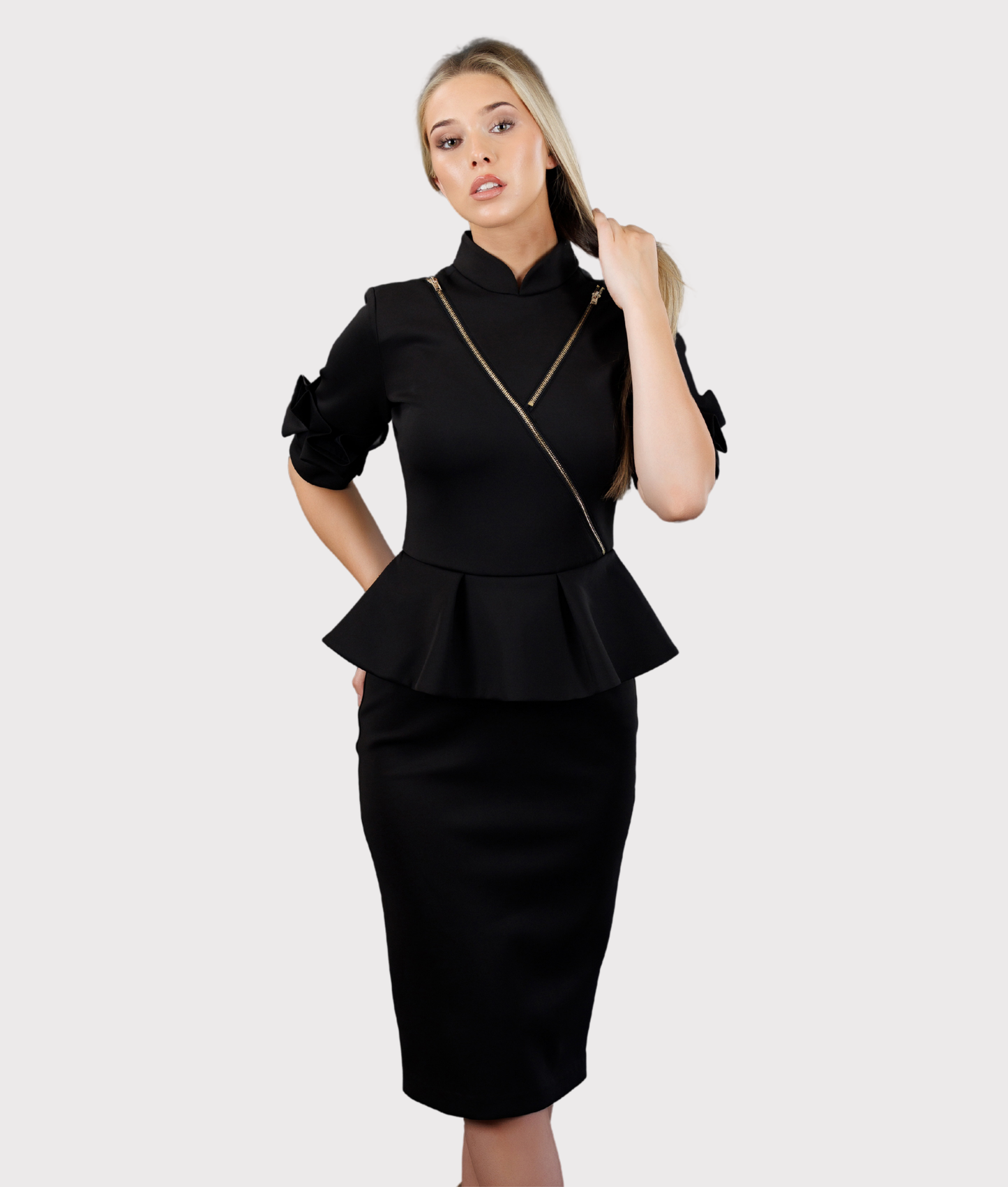 Military Styled Front Zipper Dress (Black)