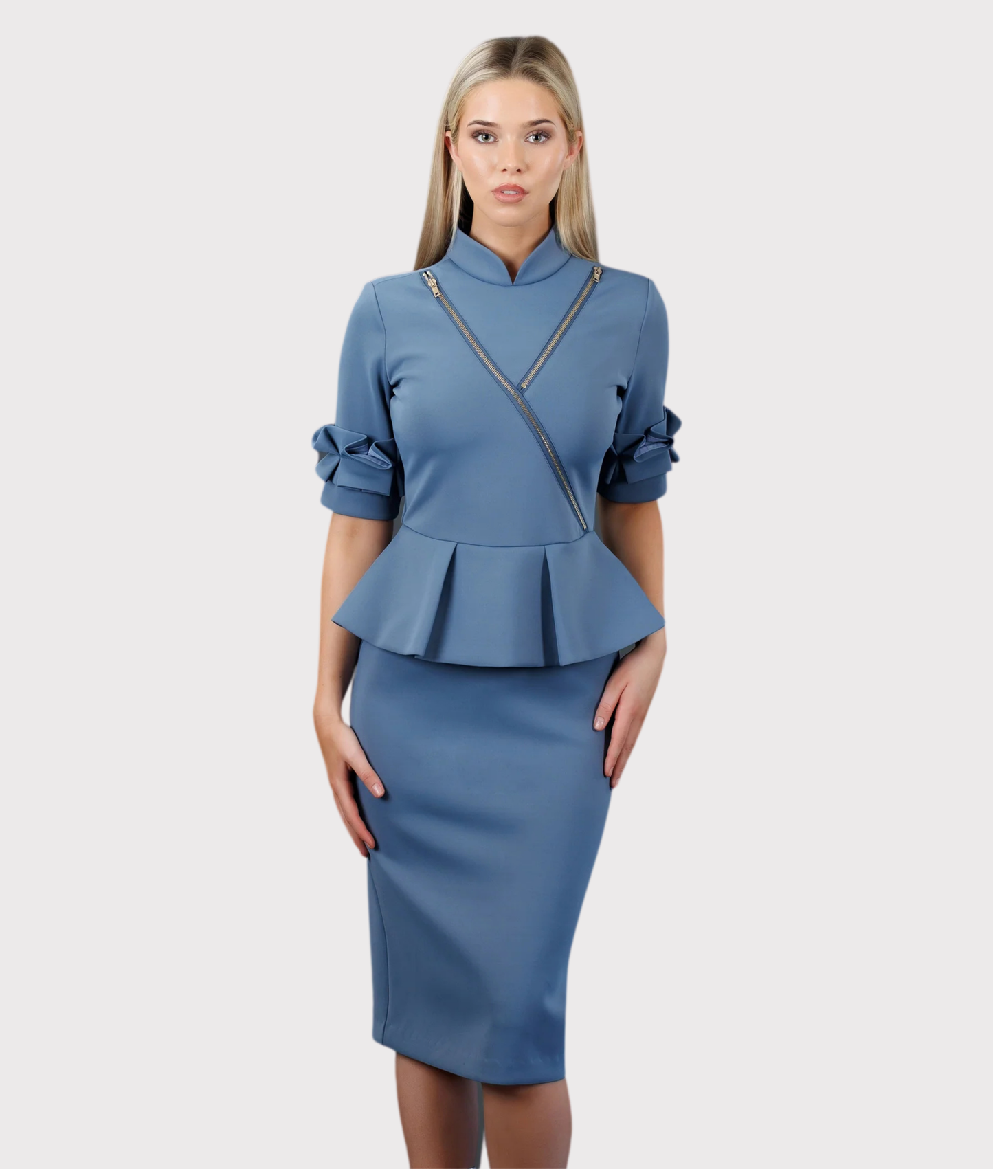 Military Styled Front Zipper Dress (Steel Blue)