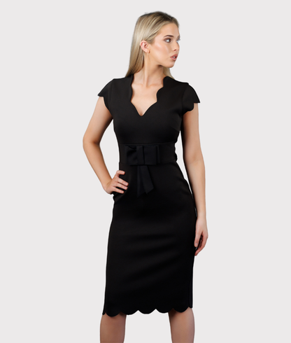 Scalloped Below the Knee Hemline Dress (Black)